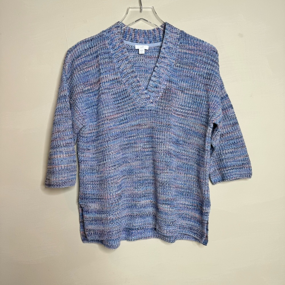 J Jill Easy Dropped Shoulder Sweater Blue Jasper Cotton V Neck 3/4 Sleeve - Picture 2 of 9